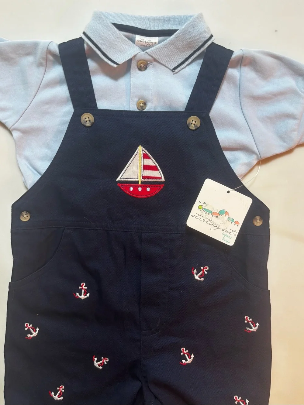 NEW Nautical Navy Anchor Embroidered Shortall with Light Blue Polo -